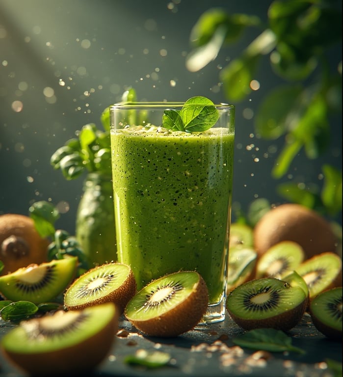 Bright green smoothie with spinach, kiwi, and avocado in morning light
