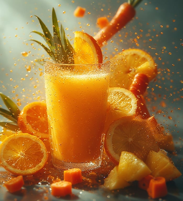 Bright orange tropical smoothie surrounded by citrus and carrot