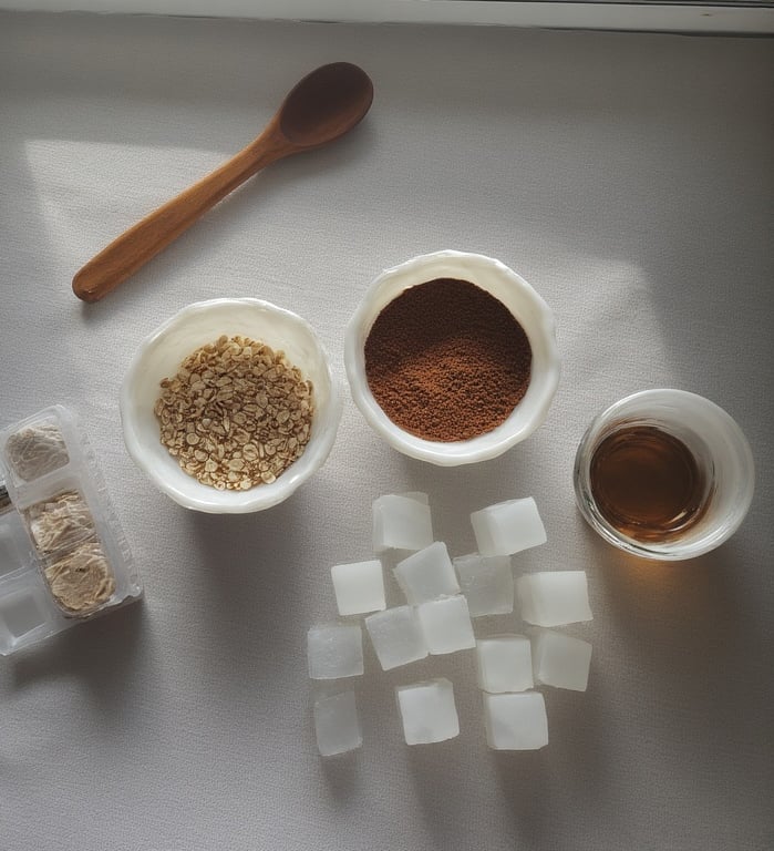 Clear melt-and-pour soap base cubes, small bowls of ground coffee and rolled oats