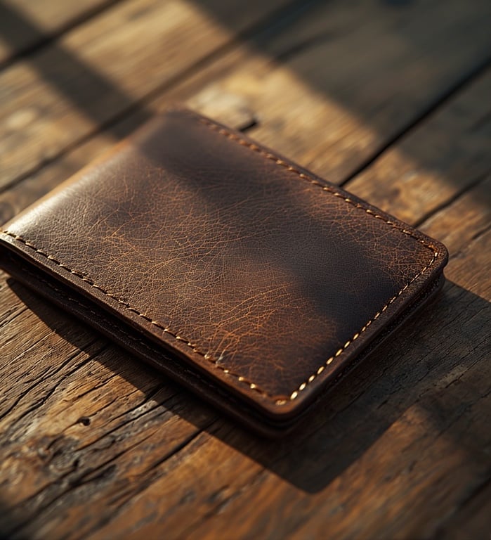 Close-up of a minimalist leather wallet resting on a wooden surface.