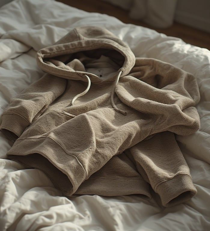 Casual lifestyle shot of folded neutral-toned hoodie and joggers on a bed or sofa.