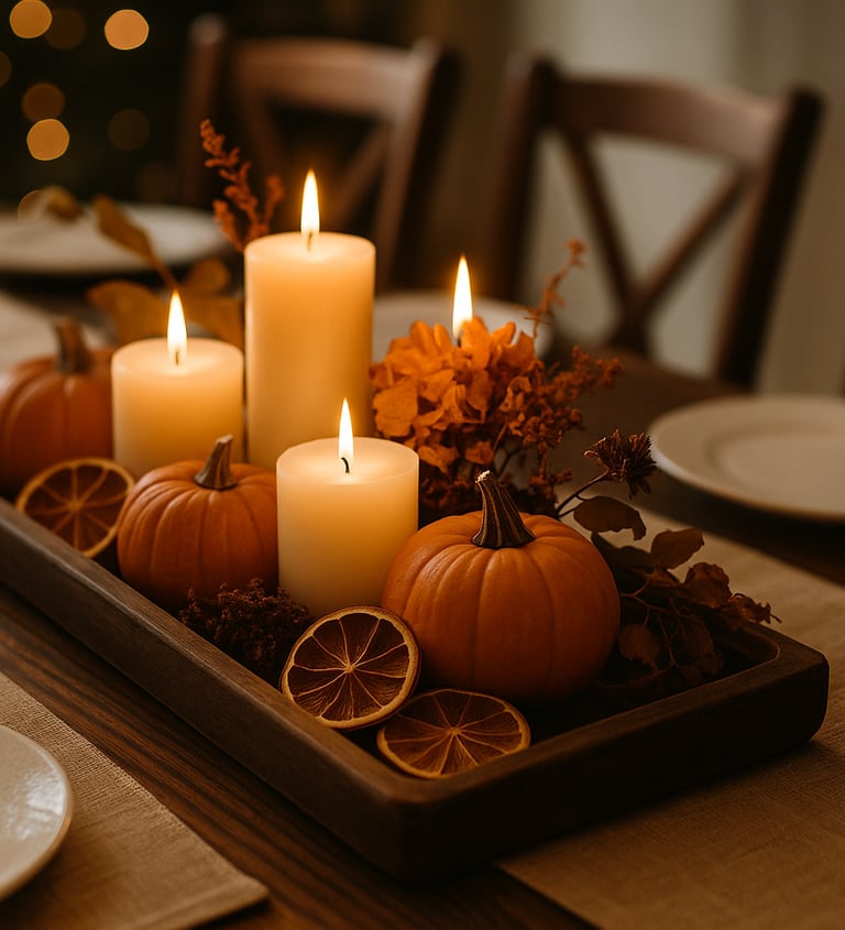 Thanksgiving table decoration with dried wheat, pampas, mini pumpkins, and candles.