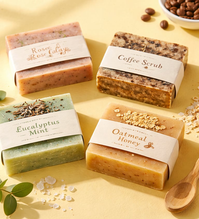 Flat lay of handmade soap bars wrapped with printed paper belly bands. 