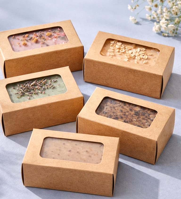 Kraft soap boxes with clear windows showing textured soap bars inside.