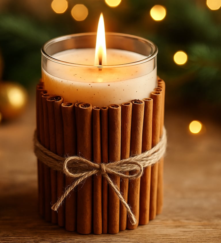 Handmade cinnamon stick candle in a glass jar, tied with rustic twine and glowing softly on a wooden