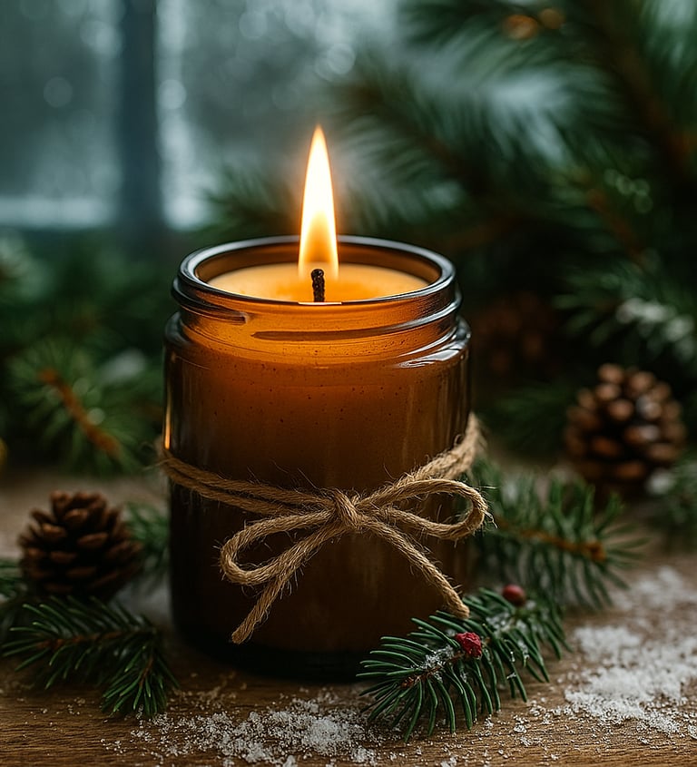 Beeswax candle in an amber glass jar glowing warmly among pine needles, cedar cones, and light snow