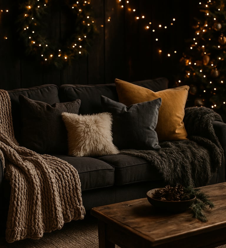 Cozy dark boho Christmas sofa with throws, pillows, and warm fairy lights.