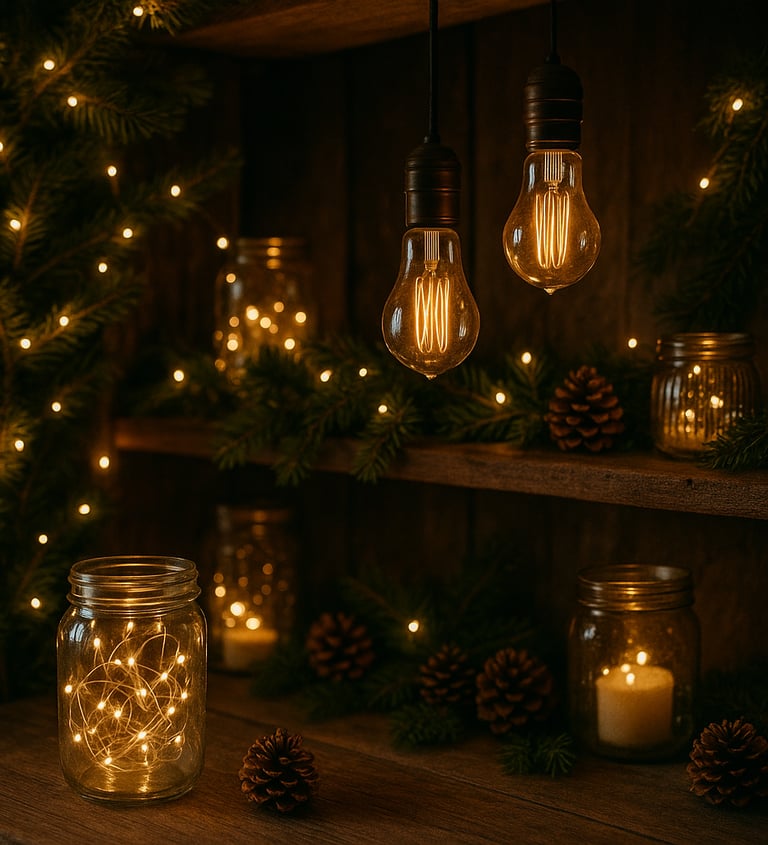 Boho Christmas shelf with glowing Edison bulbs, fairy lights in jars, pinecones, and greenery 