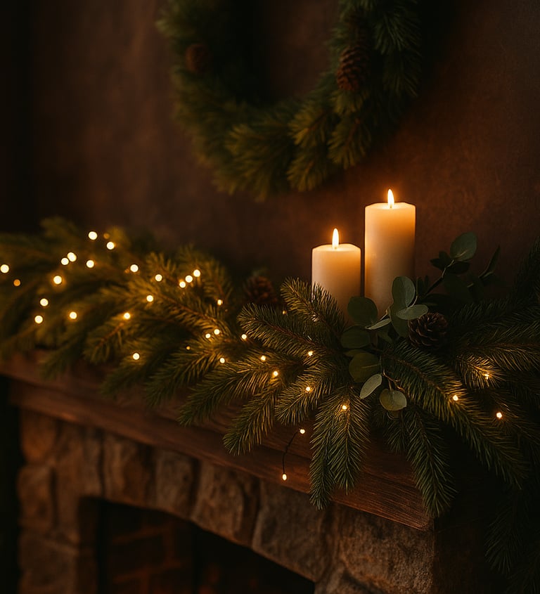 Rustic Christmas mantel with evergreen garland, candles, pinecones, and fairy lights glowing softly.