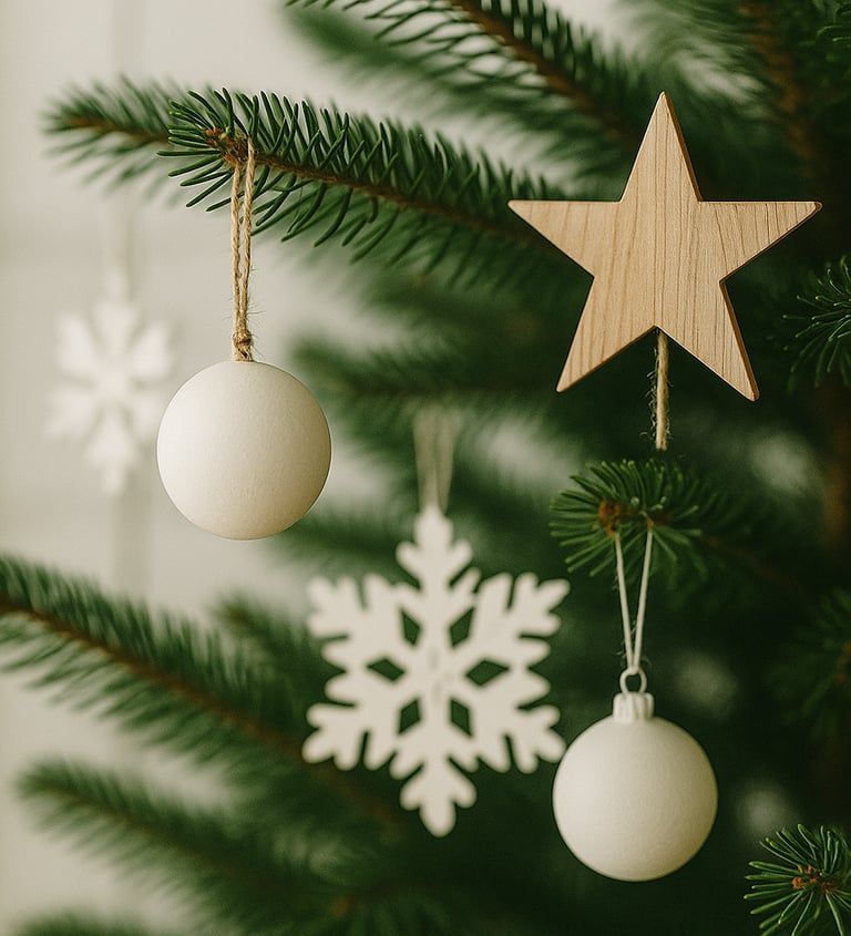 Scandinavian-style Christmas tree ornaments in white and wood with paper stars and clean minimalist