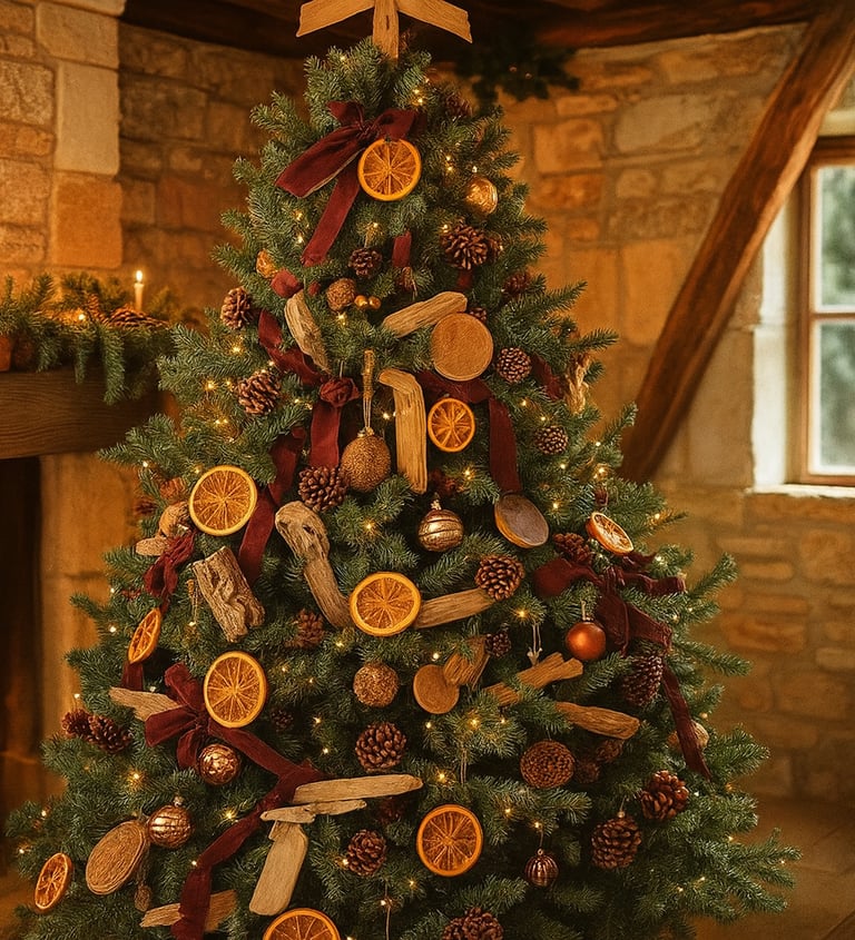 Cottagecore Christmas ornaments with lace ribbons and dried oranges on a cozy, vintage-style tree.