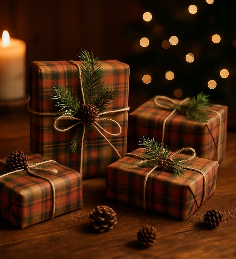Rustic plaid Christmas gifts with pine sprigs and twine on a wooden table with candlelight.