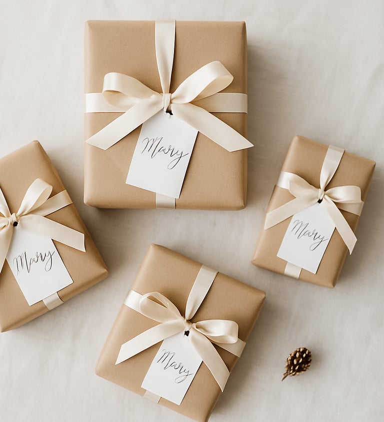 Minimalist kraft paper Christmas gifts with beige ribbons and white calligraphy tags 