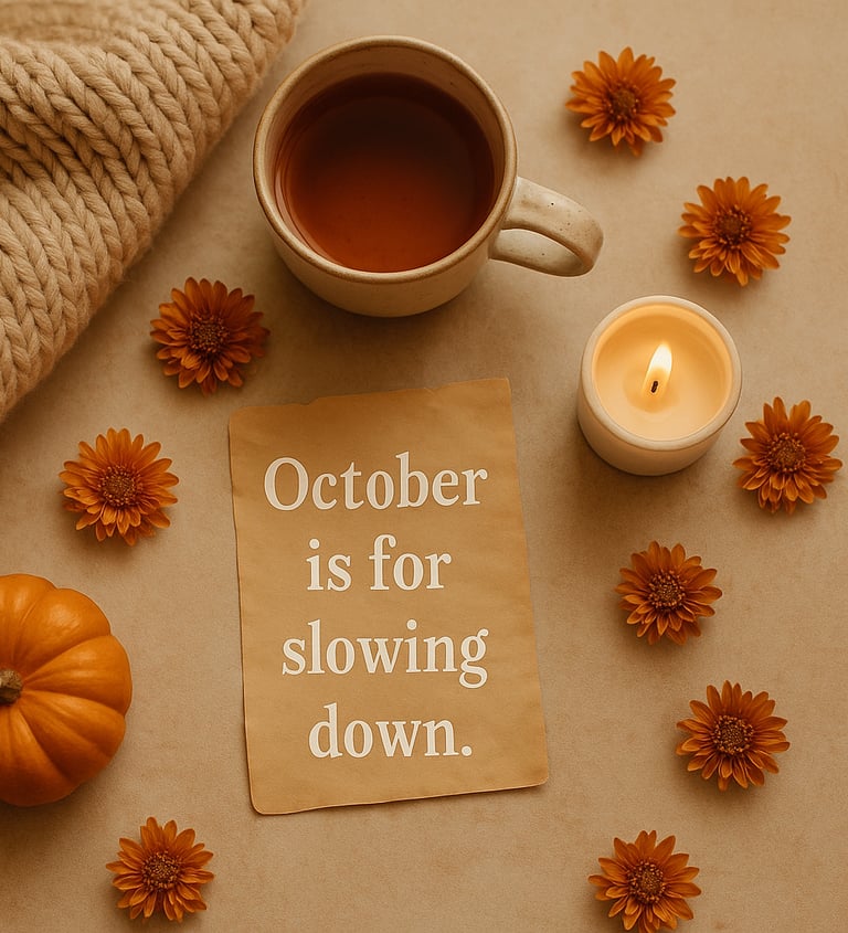 Cozy fall flat-lay with a cup of tea, candle, small pumpkin, and orange flowers