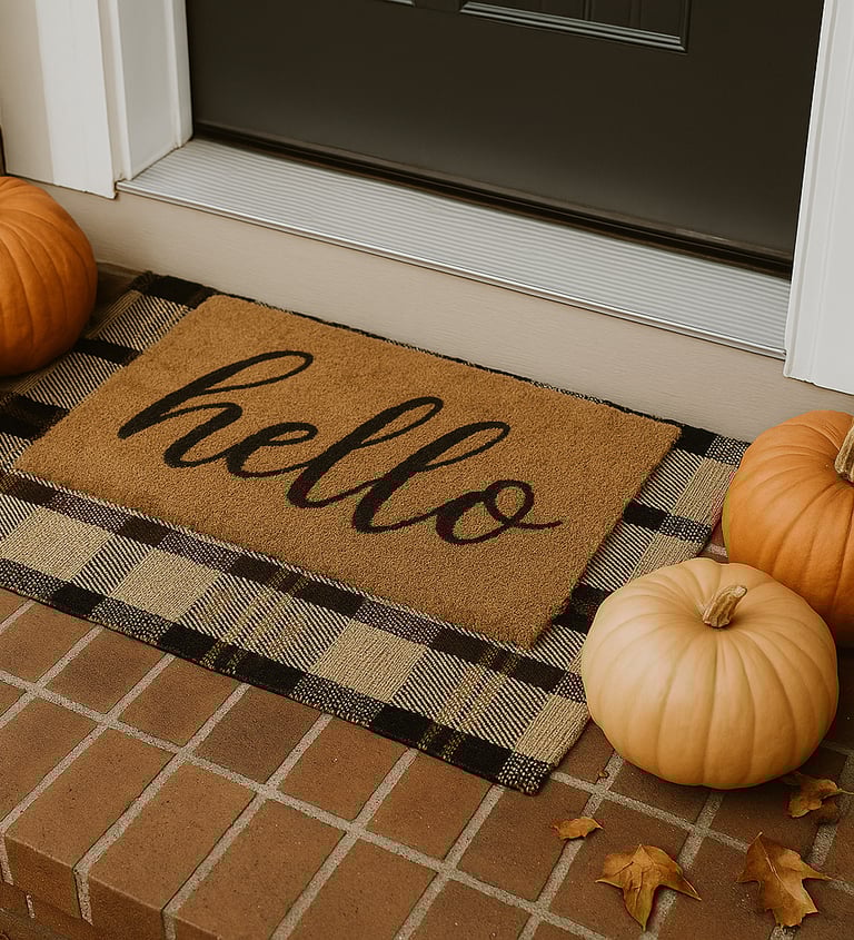 Close-up of layered plaid rug and “hello” coir doormat framed by white and orange pumpkins