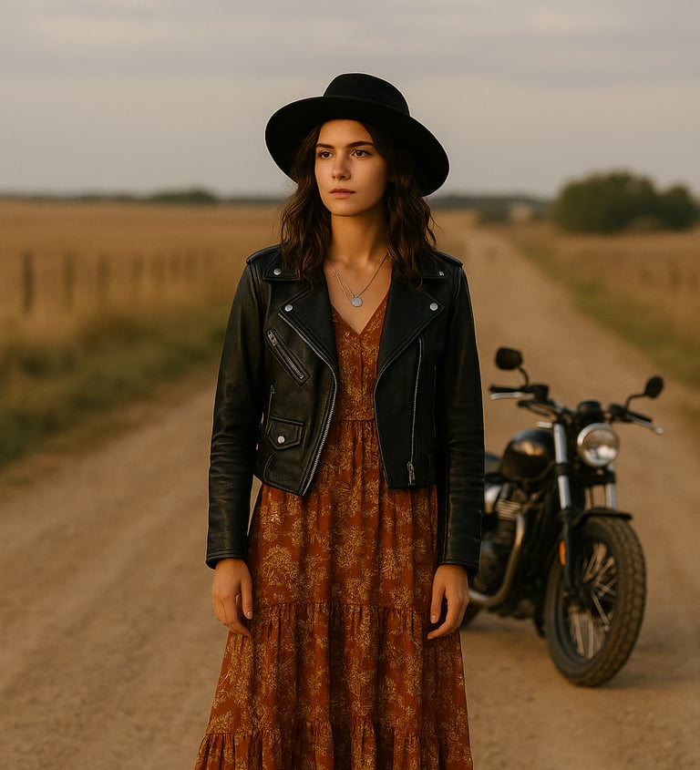 A young woman in Moto Boho style stands on a rural dirt road at dusk, wearing a black leather jacket