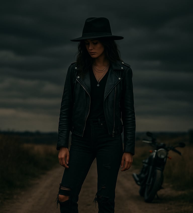 Woman in a black leather jacket, distressed jeans, and boots stands off-center on a rural dirt road 