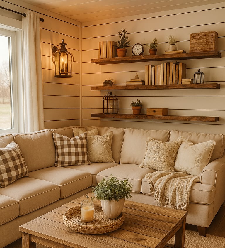 Open farmhouse living room with linen sofa, rustic wood coffee table, neutral throw pillows