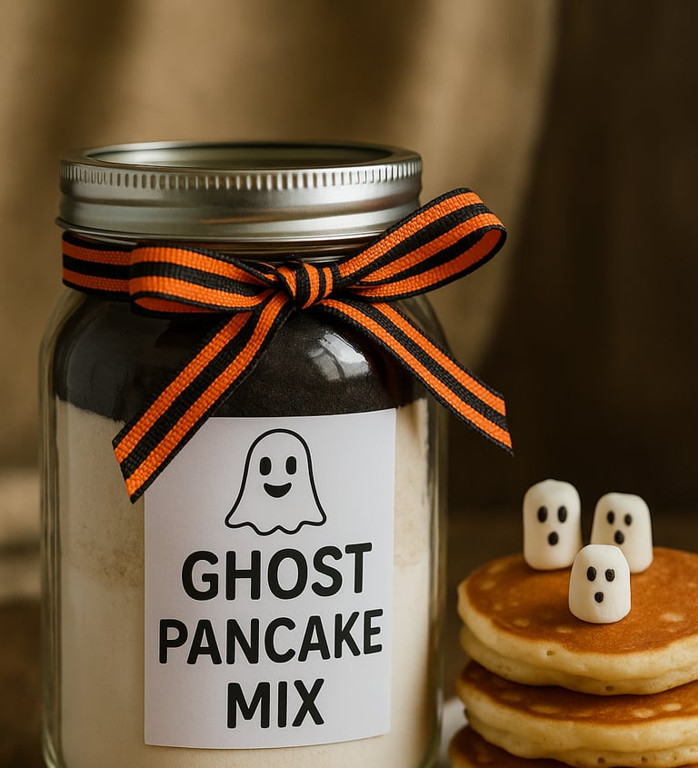 Ghost Pancake Mix Jar with Orange-Black Ribbon