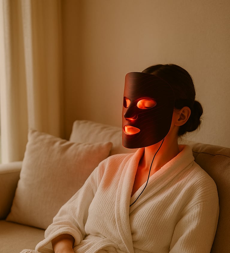 Woman in a white robe reclining on a beige sofa with a glowing red light therapy mask, cozy blanket