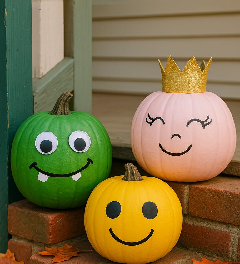 Three pumpkins painted with cartoon-style faces sitting on rustic brick porch steps