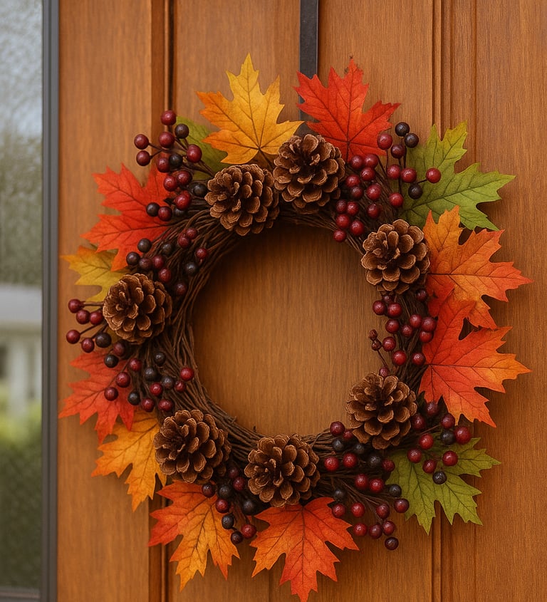 a handmade autumn wreath decorated with pinecones, red berries, and colorful fall leaves