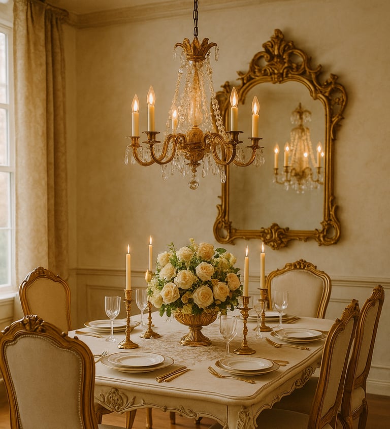 Elegant dining room with a velvet runner, brass candlesticks, pastel floral centerpiece.