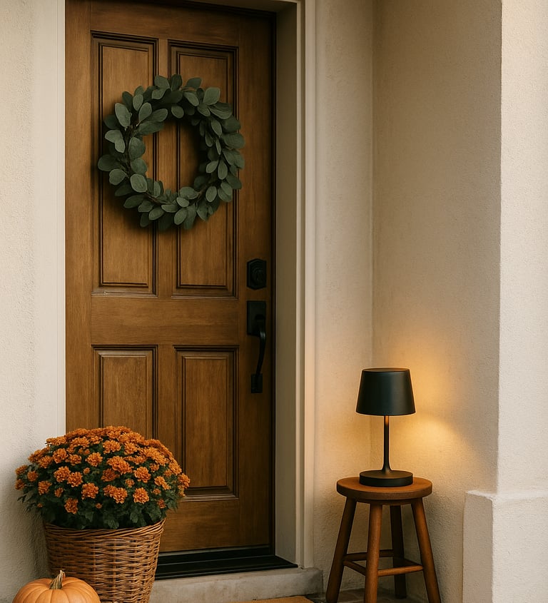 Small front porch with eucalyptus wreath, basket mums, layered plaid rug + coir doormat, pumpkins