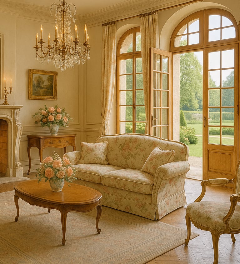 Chateaucore sitting room with velvet settee, gold-framed mirror, marble fireplace, and vintage artwo