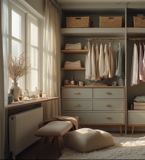 cinematic image of a vibrant, feminine walk-in closet styled in soft golden-hour lighting.