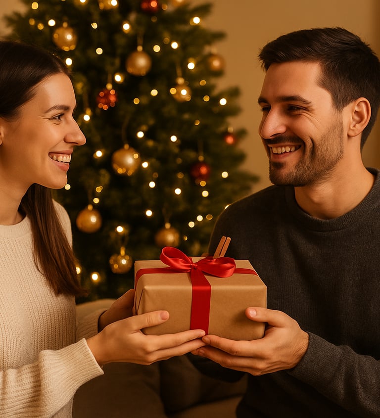 Girlfriend giving wrapped Christmas gift to smiling boyfriend beside Christmas tree with warm lights