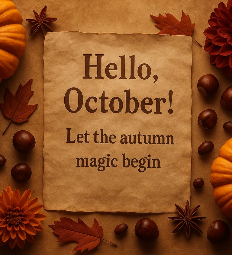 Vintage note reading “Hello, October!” surrounded by pumpkins, leaves, and flowers in warm autumn