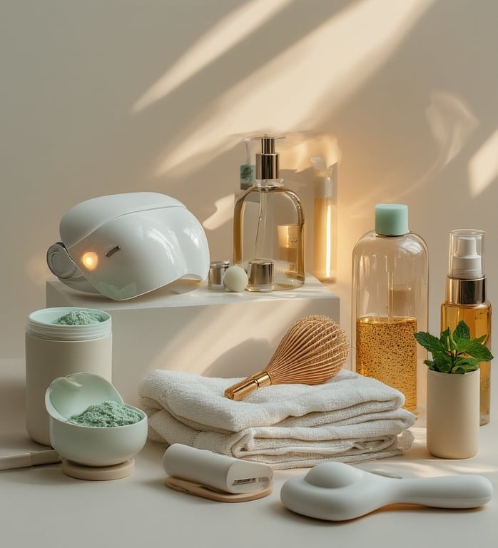 Aesthetic modern wellness flat-lay featuring LED mask, ice roller, matcha tools, hydration bottle