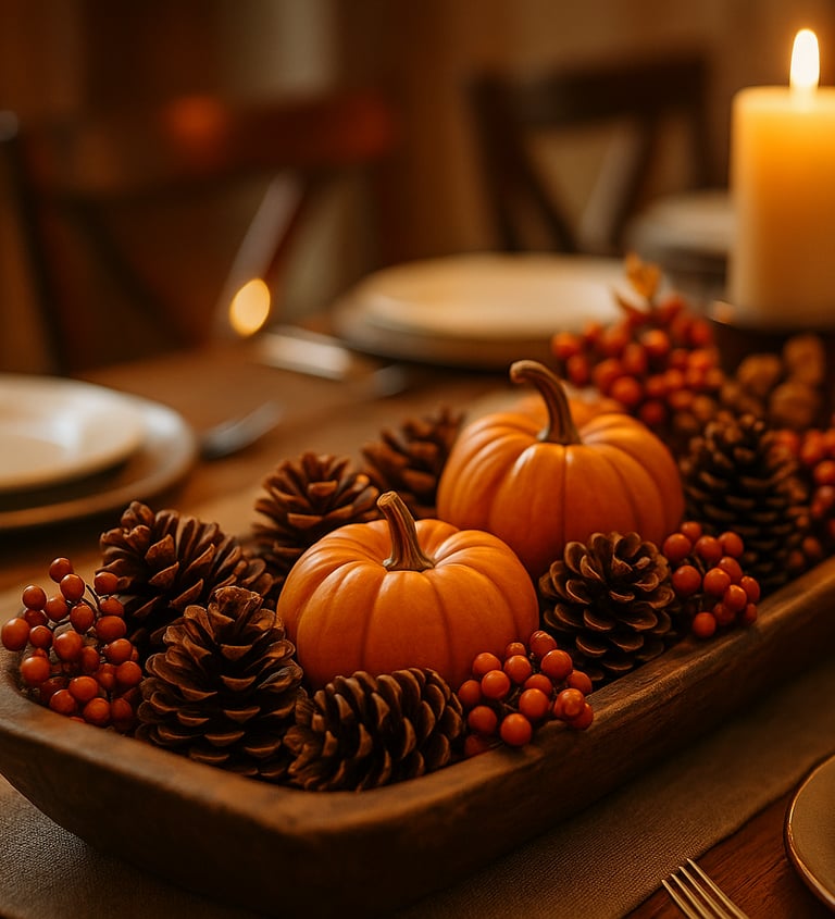 Farmhouse Thanksgiving centerpiece with pumpkins, pinecones, and faux berries in a dough bowl.