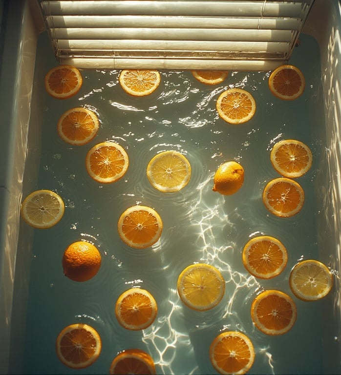 Bright orange slices in water, natural sunlight streaming in.