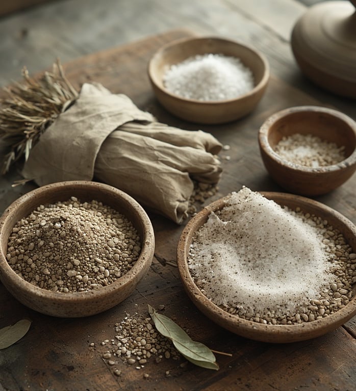 Earthy vibe with natural clay jars, sage bundles, clean white linens.