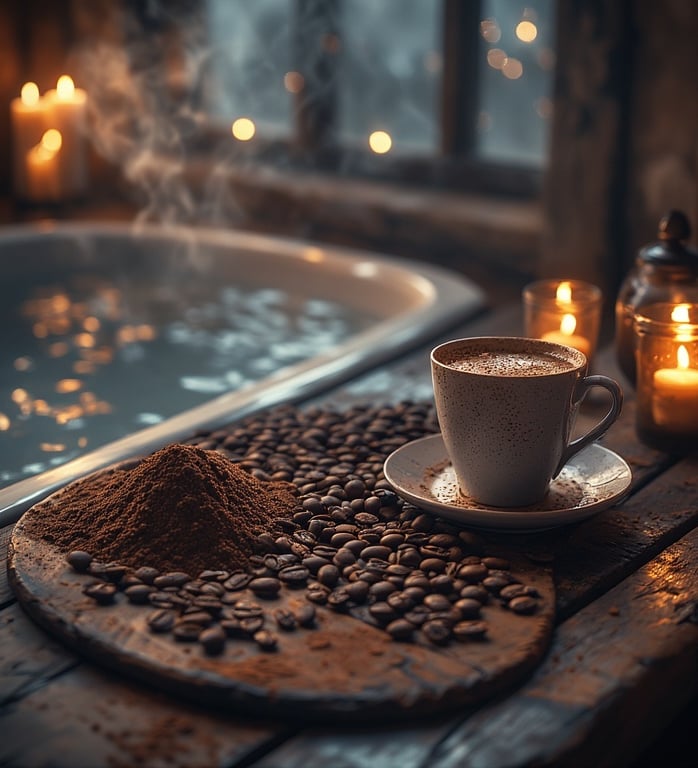 Rich browns and creams, coffee beans, cozy candlelight.