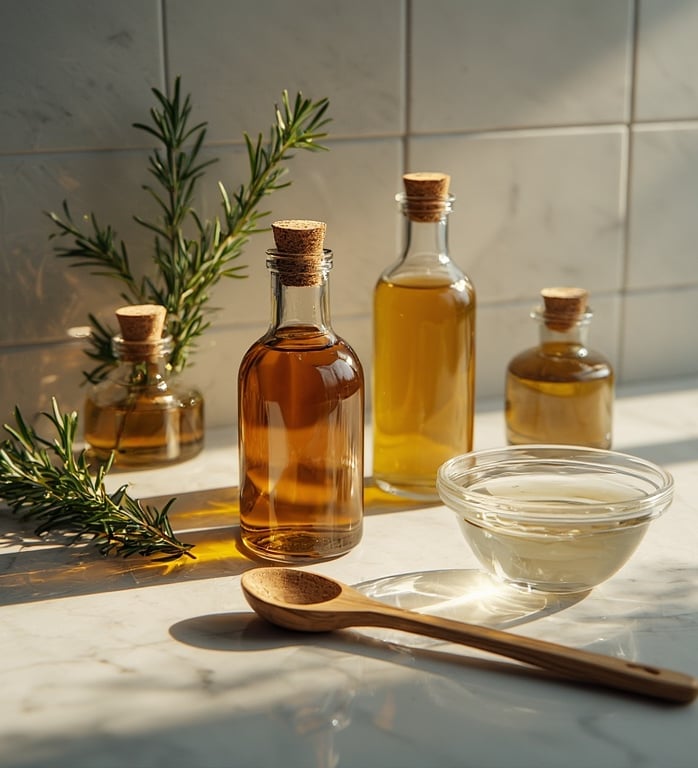 Minimalist look with apothecary jars, wood, and green rosemary accents.