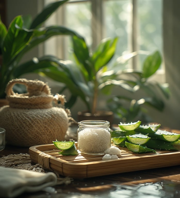 Spa green tones, aloe leaves, clean glass containers.