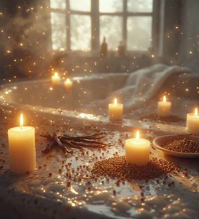 Warm neutrals, flickering lights, soft beige textiles.