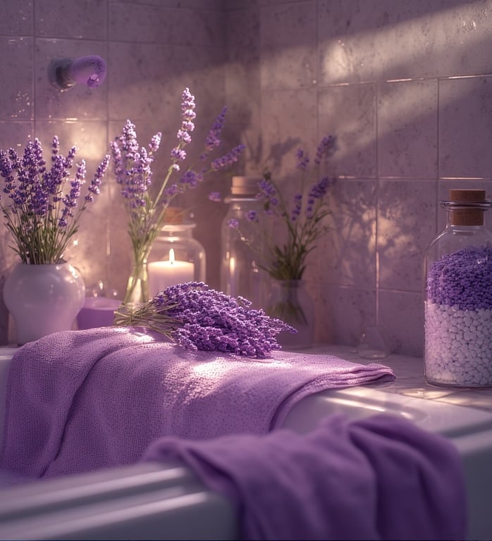 Soft purples and whites, flickering candles, dried lavender bundles.