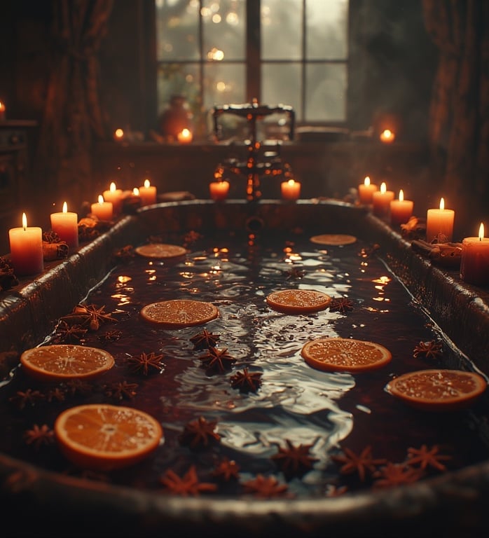 Moody red tones, cinnamon sticks and orange slices, deep wine-colored towels.
