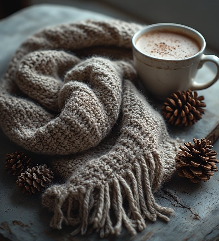 Neutral ribbed crochet scarf folded neatly beside hot chocolate and pinecones. 