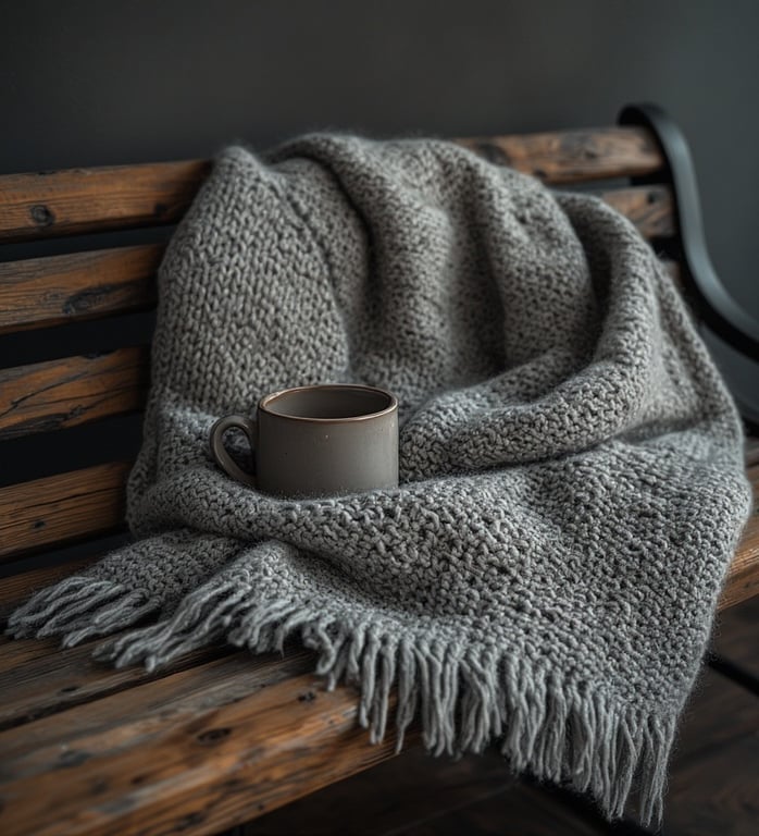 Minimalist grey crochet scarf styled on Scandinavian wooden bench with wool coat 