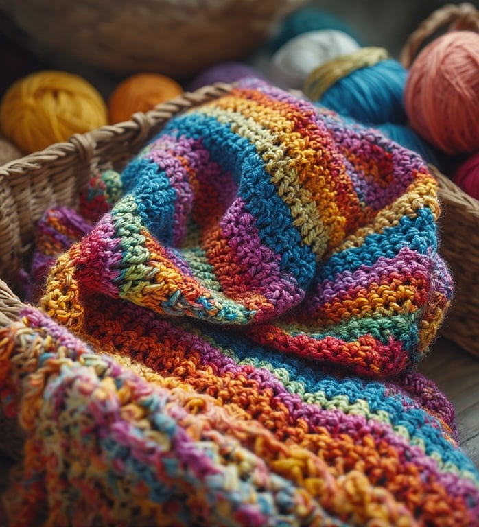 Vibrant granny square scarf folded over basket with skeins of colorful yarn. 