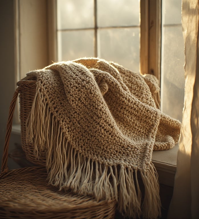 Boho crochet triangle scarf with long fringe draped on woven basket near sunlit window.