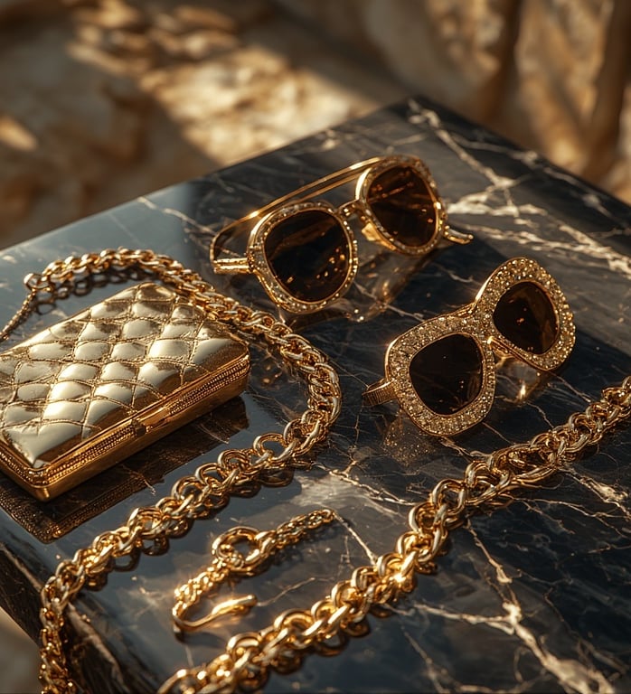 Glam still-life of gold accessories (chain belt, chunky sunglasses, metal clutch) on a glossy black 