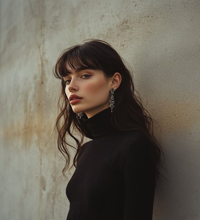 Model in a tight ribbed black turtleneck with dramatic earrings.