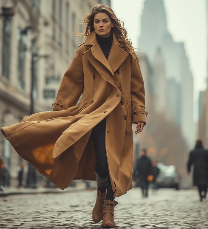 Model walking in a sweeping oversized camel coat with sculpted shoulders. 