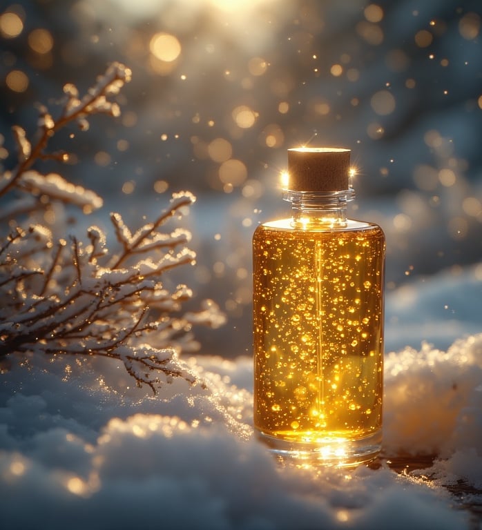 Glass bottle of golden body oil glowing in warm sunlight.